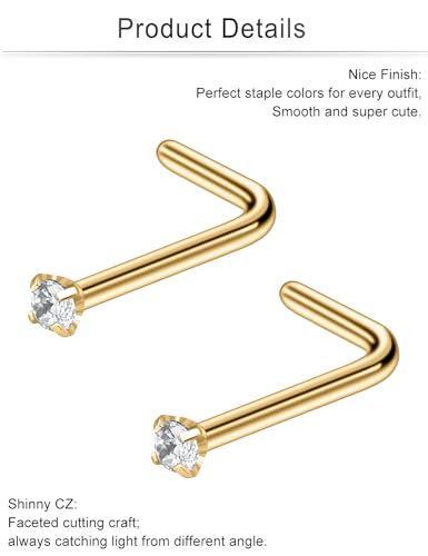Cisyozi 18G Nose Rings Studs Hypoallergenic Nose Piercings 316L Surgical Steel Silver Nose Rings Set L Shaped Nose Nostril Piercing Jewelry for Women Men Diamond CZ 1.5mm 2mm 2.5mm 3mm 3.5mm 4mm - color: 18G - Gold- CZ 1.5mm