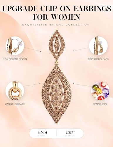 THUNARAZ Clip on Earrings for Women Non Pierced Glitter Rhinestone Crystal | Clip-On Earrings, Wedding Bridal Earrings, Non Pierced Ears, Dangle Earrings, Fake Earrings, Fashion Jewelry - color: Gold