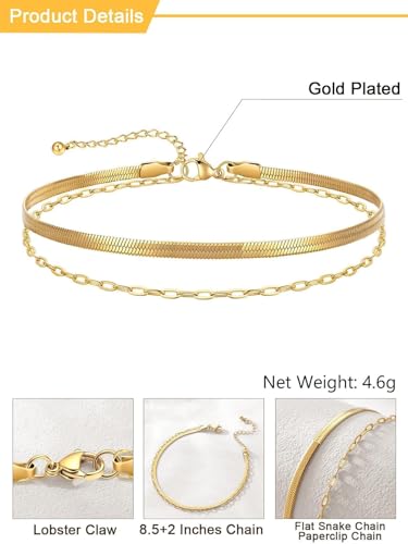 U7 Silver/Gold/Black Ankle Bracelets for Women Layered Chain Anklets | Stainless Steel Anklets Waterproof Summer Beach Anklet Charm, Adjustable 8.5"-10.5",Layered Anklet Fashion - color: Gold - Flat Snake Chain+Paperclip Chain