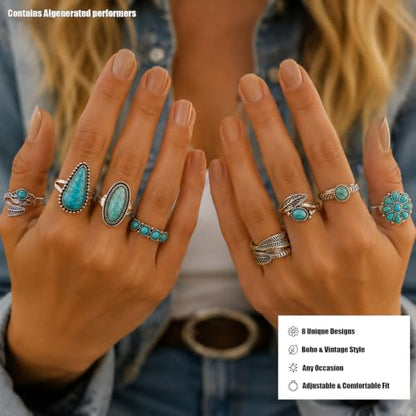 8 Pcs Bohemian Turquoise Ring for Women Western Open Vintage, Retro Ethnic Style Stackable Silver Boho Gemstone Knuckle Midi Chunky Dainty Statement Ring Set Jewelry Accessories