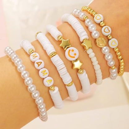 Friendship Bracelets for Women - Heishi Surfer Colorful Smile Evil Eye Clay Beaded Stretch Bracelets Elastic Layering - Stackable Boho Disc Y2K Aesthetic Summer Jewelry Set. - color: Smile-7pc-White mama