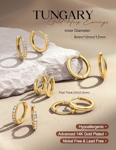 Tungary Small Gold Hoop Earrings for Women Huggie CZ Hoops Earring Stacks | Hypoallergenic Earing Hoops for Sensitive Ears, Earrings Stack Set for Cartilage, Secure Clasp, Silver/Black/14K Gold Plated - color: 14K Gold-Plain & CZ Huggies