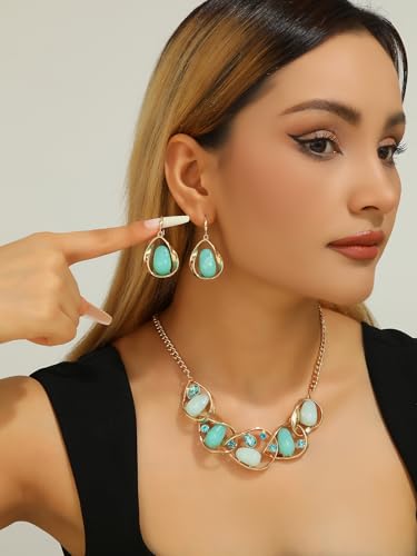 Chunky Statement Jewelry Set Blue Ocean Seashell Choker Necklaces Earrings Set for Women Pearl Bib Collar Necklaces for Party Prom Pageant Summer Fashion Jewelry Unique Birthday Gift - style: Geometric connection JS gold aqua