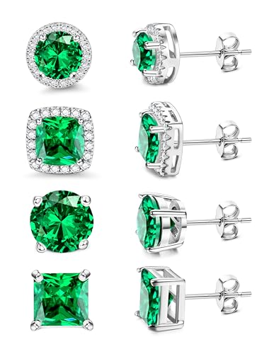 MILACOLATO S925 Sterling Silver Stud Earrings for Women Men Hypoallergenic 18K Gold Plated Cubic Zirconia Earrings Studs Brilliant Simulated Diamond Halo Earring for Sensitive Ears - style: 18K White Gold Plated - Emerald CZ