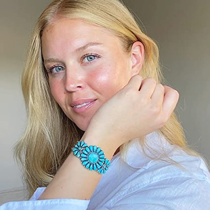 Southwest Style Genuine Gemstones 925 Sterling Silver Cluster Bracelet - color: Turquoise