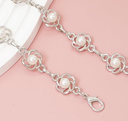 Women's Waist Chain Flower Metal Belt for Dresses Jeans | Adjustable Belly Waist Chain - color: Pearl Flower Silver, size: S: 105cm/41in