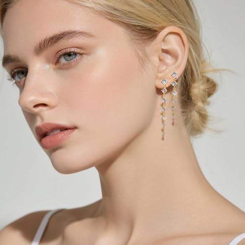2 Pairs Long Diamond Dangle Tassel Earrings for Women | 14K Gold Silver Plated, Dainty Diamond Crystal Drop Earring, Small Cz Statement Dangly, for Wedding Bridesmaid, Jewelry Gifts - color: 2 Pairs Gold
