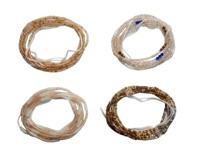 4 Pack Handmade Tie-On African Waist Beads for Women, Colorful Champagne Clear and Brown Glass Beads, 44 Inch, Non-Stretching, Layered Body Jewelry Set