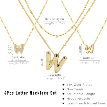 stino 4PCs Bubble Initial Letter Necklace Set, No Tarnish 14K Gold Plated Alphabet Pendant, Jewelry for Women - style: W