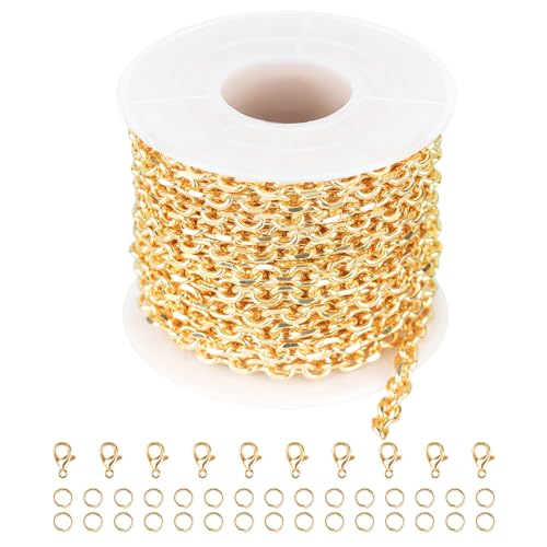 Jabogrii 16.4 Feet 18K Gold Brass Jewelry Chains Roll Oval Paperclip Chains | DIY Necklace Bracelet Chain with Lobster Clasps and Open Jump Rings for Jewelry Making - color: Cable Gold