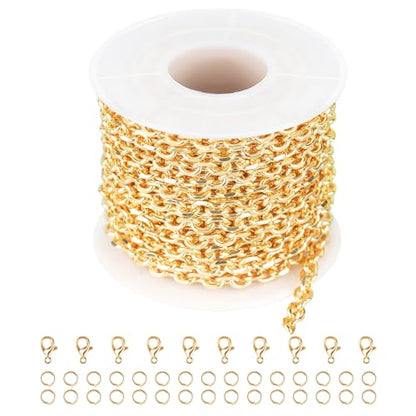Jabogrii 16.4 Feet 18K Gold Brass Jewelry Chains Roll Oval Paperclip Chains | DIY Necklace Bracelet Chain with Lobster Clasps and Open Jump Rings for Jewelry Making - color: Cable Gold