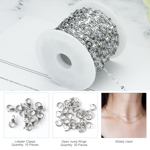 Kyutong Small Necklace Chain for Jewelry Making Stainless Steel Cable Link | 10 Meters Thin Craft Chain on Bulk Stainless Steel Jewelry Making Supplies with Lobster Clasps Jump Ring for Crafting - color: Silver Lip