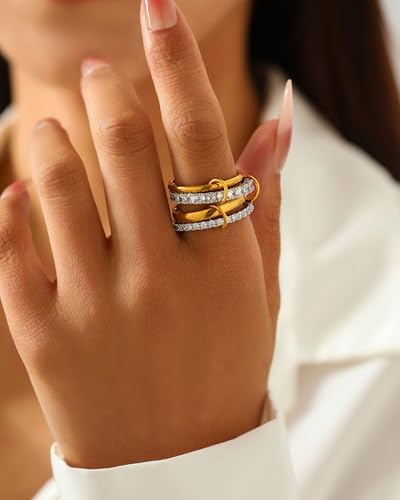 14K Gold Plated Stackable Rings for Women – 4-Piece Mixed Metal Ring Stack Set with Cubic Zirconia, Gold Silver Stacked, Two Tone Connected, Interlocking Statement Jewelry, Size 10