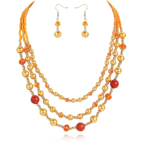 Coiris Layered Pearl Necklace and Earring Set for Women Boho Beaded Statement Choker with Faux Pearls Chunky Costume Jewelry for Wedding Party Beach Vacation Gift - color: Orange