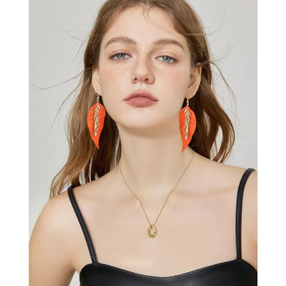 KINIVA Leather Dangle Earrings for Women Trendy, Lightweight Leaf Circle Lightning Earrings Drop, Jewelry Gifts for Women - color: 243 Orange