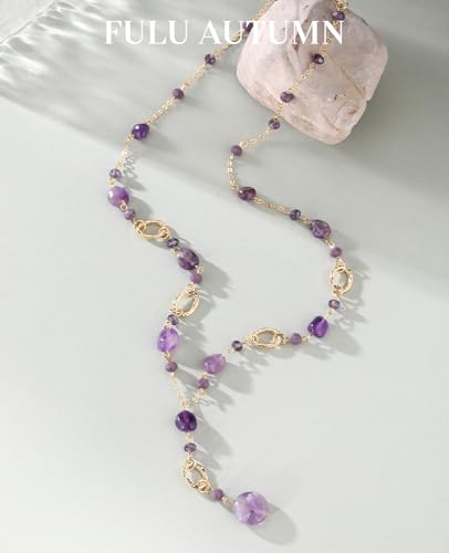FULU AUTUMN Long Gold Beaded Necklaces for Women Natural Stone Bead Statement Pendant Necklace Y Sweater Chain Fashion Jewelry Gifts - color: Amethyst