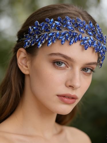 Missgrace Women Silver Green Black Red Blue Handmade Full Crystal Rhinestone Large Headband Hair Vine Shinny Headpiece Bridal Wedding Hair Accessories for Women (Blue) - color: Blue