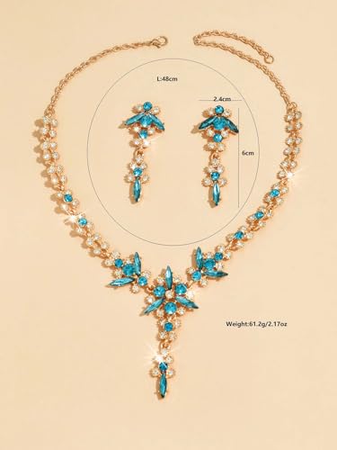 Wedding Jewelry Sets for Brides Rhinestone Necklace and Earring Set Bracelet Ring Gold Silver Prom Jewelry Sets Diamond Flower Teardrop Necklace for Women - color: Style5-Blue