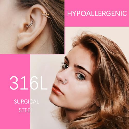 Cartilage Earring Hoop 316L Surgical Steel Conch Piercing Jewelry 16/18G Double Rows Nose Rings Hoops Hinged Segment Clicker Helix Rook Daith Piercing Jewelry 6/8/10/12mm - color: D1-Gold, size: 16G-6mm