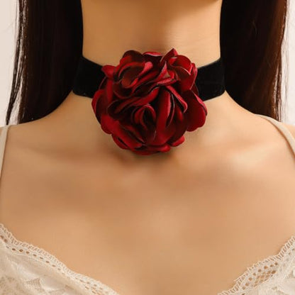 Rose Black Velvet Floral Choker Necklace - Camellia Daisy Rosette - Spring Summer Flower Jewelry - color: Red2