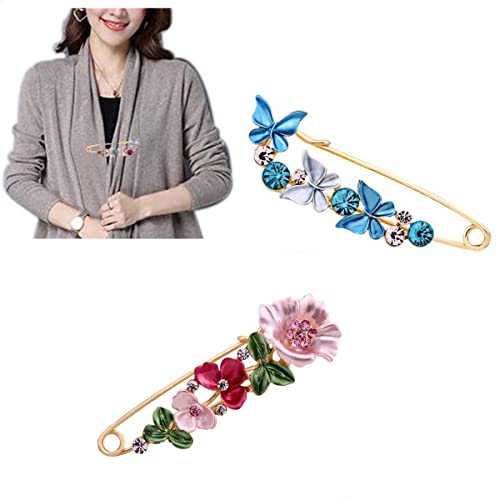 Flower Safety Decorative Pins Brooch Clip, 2PCS Crystal Flower Safety Decorative Brooches Pins, Metal Flower Safety Decorative Pins for Clothing Scarves Shawl Buttons Christmas Gift
