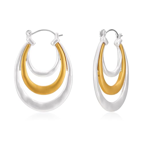 Antique Gold Hammered Disc Drop Earrings Boho Earrings with Two Tone Jewelry Gift - color: EH22698A