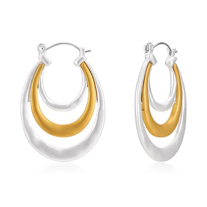Antique Gold Hammered Disc Drop Earrings Boho Earrings with Two Tone Jewelry Gift - color: EH22698A
