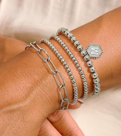 doubgood Gold Bracelets for Women, 14K Gold Plated Stackable Initial Beaded Bracelet with Letter Pendant Waterproof Stretch Trendy Stack Jewelry Set Gifts for Mom Christmas - color: N - Silver