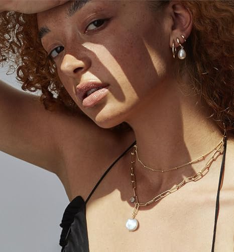 18k Gold Plated Chain Link Necklace for Women, Baroque Pearl/Compass Pendant Necklace - color: Coin Pearl