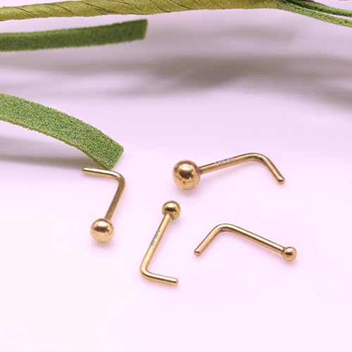 3 Pcs 14K Gold Filled Nose Studs 20G Stainless Steel Stud Nose Ring 2mm/2.5mm/3mm Round CZ L Bend Nose Stud Hypoallergenic Nose Piercing - color: gold 4