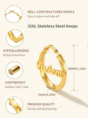 FindChic Twisted Hoop Earrings for Women, Silver/Black/14K Gold Plated Hypoallergenic Hollow Tube Rounded Loop Earrings, 30mm/40mm/60mm/80mm Hoops with Custom Name Options and Gift Box - color: f.Gold (Custom Name), size: 40MM