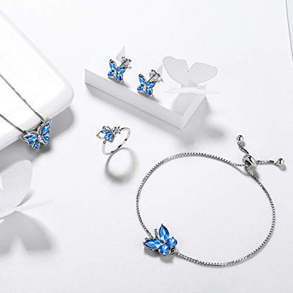 Aurora Tears Butterfly Jewelry,Women 925 Sterling Silver Butterflies Birthstone Pendant Necklace/Earrings/Rings Wedding Gift - color: L.December-set 3