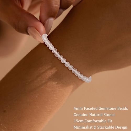 Natural Faceted Crystal Bracelet for Women,4mm Gemstone Round Beads Bracelets Adjustable Stretchy Healing Crystal Beads Bracelets Dainty Jewelry Gift - color: Clear Quartz