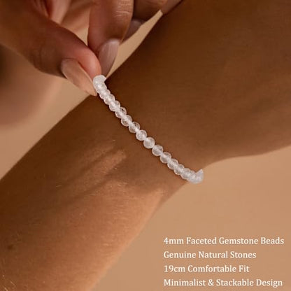 Natural Faceted Crystal Bracelet for Women,4mm Gemstone Round Beads Bracelets Adjustable Stretchy Healing Crystal Beads Bracelets Dainty Jewelry Gift - color: Clear Quartz