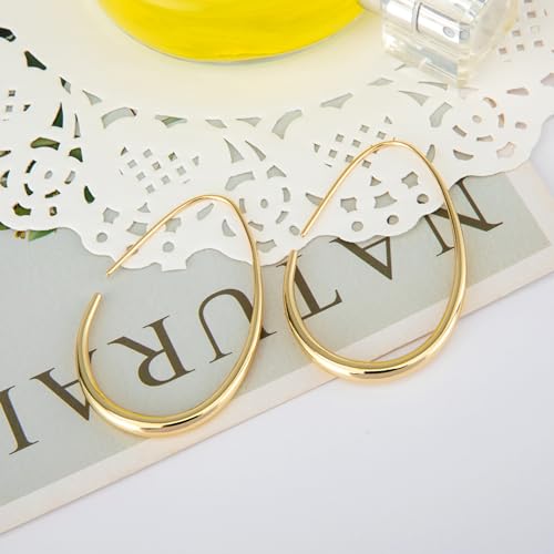 Lightweight Teardrop Hoop Earrings for Women - 14k Gold/White Gold Plated Large Oval Pull Through Hoop Earrings High Polished Statement Jewelry Gift for Women - color: Gold 50*30