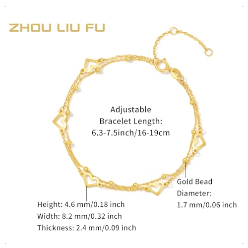 ZHOU LIU FU 18K Yellow Gold Charm Bracelet Hollow Heart Star Butterfly Charms Delicate Double Chain Bracelets Adjustable Cute Jewelry for Women Her Mom Daughter Birthday Anniversary 16+3cm/6.3-7.5" - style: Heart