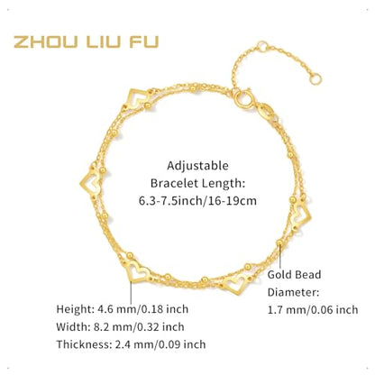 ZHOU LIU FU 18K Yellow Gold Charm Bracelet Hollow Heart Star Butterfly Charms Delicate Double Chain Bracelets Adjustable Cute Jewelry for Women Her Mom Daughter Birthday Anniversary 16+3cm/6.3-7.5" - style: Heart