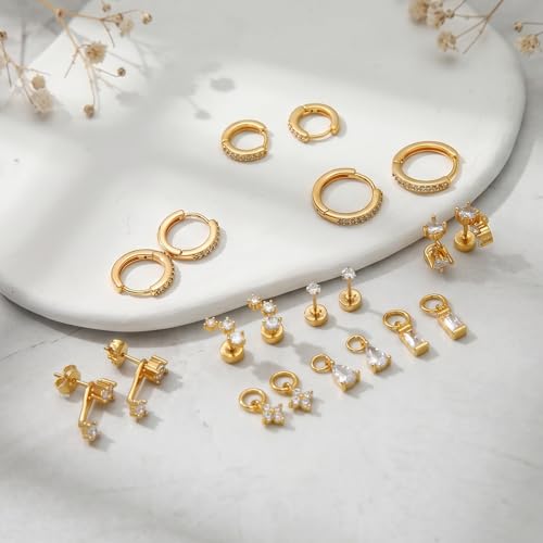 Stainless Steel Stud Earrings Set for Women Hypoallergenic Flat Back Cartilage Earrings Screw Back Huggie Hoop Earrings Multiple Piercing Cubic Zirconia Helix Tragus Jewelry - color: Set-E-14K Gold Plated