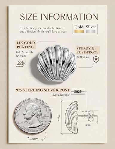 Chunky Gold Stud Earrings for Women Sterling Silver Earring Hypoallergenic | Non Tarnish 14K Gold Plated 925 Silver Posts for Sensitive Ears,Knot Statement Dangle Earrings Gold Jewelry Gifts Lightweight - color: silver plated-shell