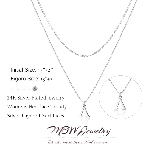 MBW Dainty Silver Layered Initial A-Z Pendant Necklaces for Women Thin | Simple Waterproof 925 Silver Plated Necklace Figaro Choker Monogram Name Jewelry Set Personalized - color: Silver InitIal NK-A