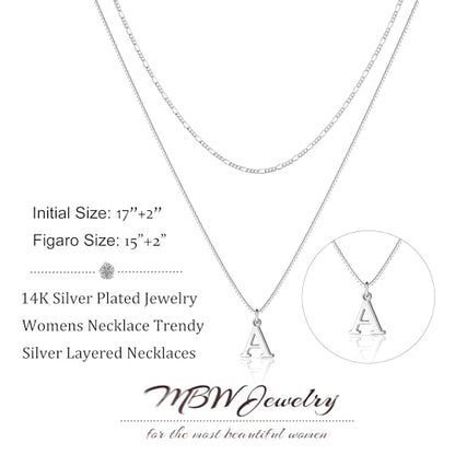 MBW Dainty Silver Layered Initial A-Z Pendant Necklaces for Women Thin | Simple Waterproof 925 Silver Plated Necklace Figaro Choker Monogram Name Jewelry Set Personalized - color: Silver InitIal NK-A