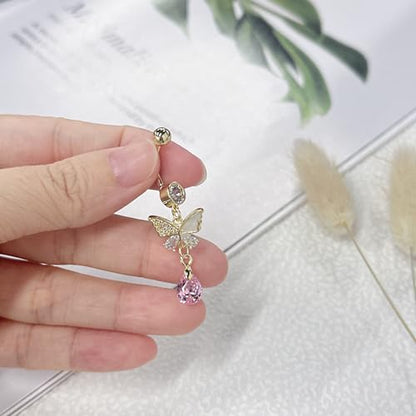 Pink Crystal Dangle Belly Button Rings, 4 Pack 14G Dangling Heart Teardrop Navel Rings Butterfly Belly Piercing Barbell Gold-Plated Summer Body Jewelry