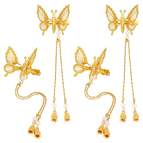 DEEKA Moving Tassel Butterfly Hair Clips 4 PCS 3D Metal Gold Moving Wings Butterfly Hairpins Bride Wedding Hair Accessories Barrette for Women and Girls -Gold - color: Gold with Tassel