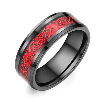 8mm Black Tungsten Carbide Ring for Men Women Red Carbon Fiber Celtic Dragon Inlay Knot Promise Wedding Band Beveled Edges Polished Comfort Fit - color: Red