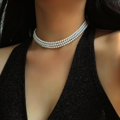 Zeffy Pearl Necklace 4MM/6MM/8MM Dainty Round Imitation Pearl Choker Necklace Wedding Pearl Necklace Delicate Jewelry for Women Simple Bridesmaid Jewelry Gifts - style: 6mm Three-layer Pearl Choker(13.7"+2)