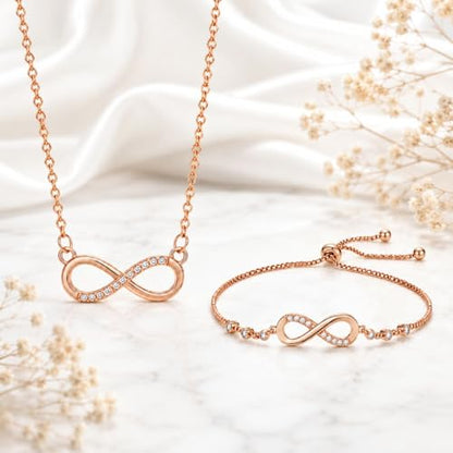 Nilu's Collection Infinity Shape Cubic Zirconia Diamond Bracelet for Women, Jewelry for Gift, Adjustable Charm Bracelet (Rose Gold Necklace + Bracelet) - color: Rose Gold Pendant + Bracelet