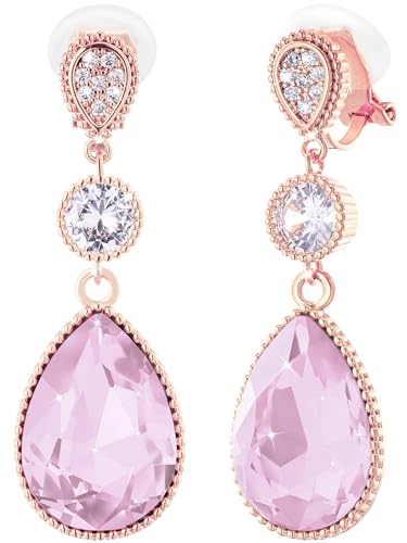 Clip On 18 * 13MM Big Crystal Dangle Non Pierced Earrings for Women 14K Gold Plated Jewelry - color: Oct-Pink-Rose Gold Plated