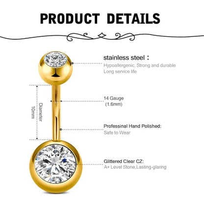 Briana Williams Belly Button Ring Belly Rings Belly Button Piercing Gold Belly Button Ring for Women Clicker Belly Ring Belly Piercing Stainless Steel 14g 10mm Blley Navel Rings Piercing Jewelry - color: D4 -4pcs, gold