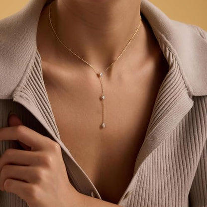 Long Gold Necklace For Women,Dainty Lariat Y Necklace 14K Gold Plated Cute Cubic Zirconia Lariat Necklaces Trendy Simple Statement Rhinestone Choker Necklaces Summer Jewelry - color: Gold-style 3