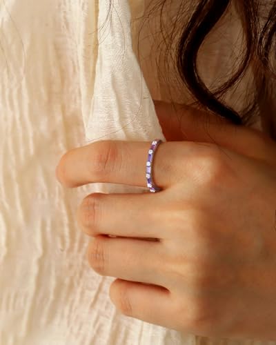 925 Sterling Silver 1.5mm Thin Baguette Stackable Rings for Women | Created Ruby/Sapphire/Emerald/Cubic Zirconia,Dainty Wedding Band Birthday Anniversary Jewelry(with Gift Box) - color: 01-Created Amethyst & CZ